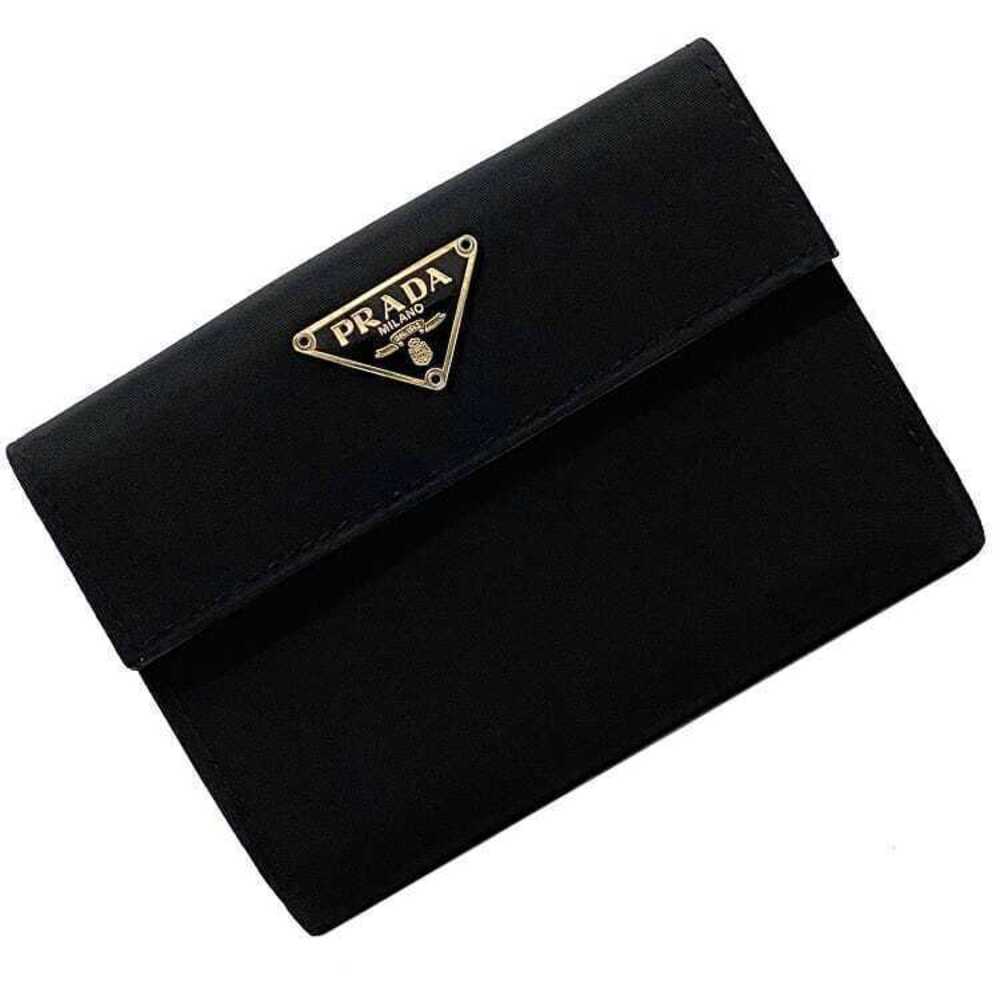 Prada Double Hook Wallet Tessuto Metal Triangle Plate Coin Purse Nero Gold Black